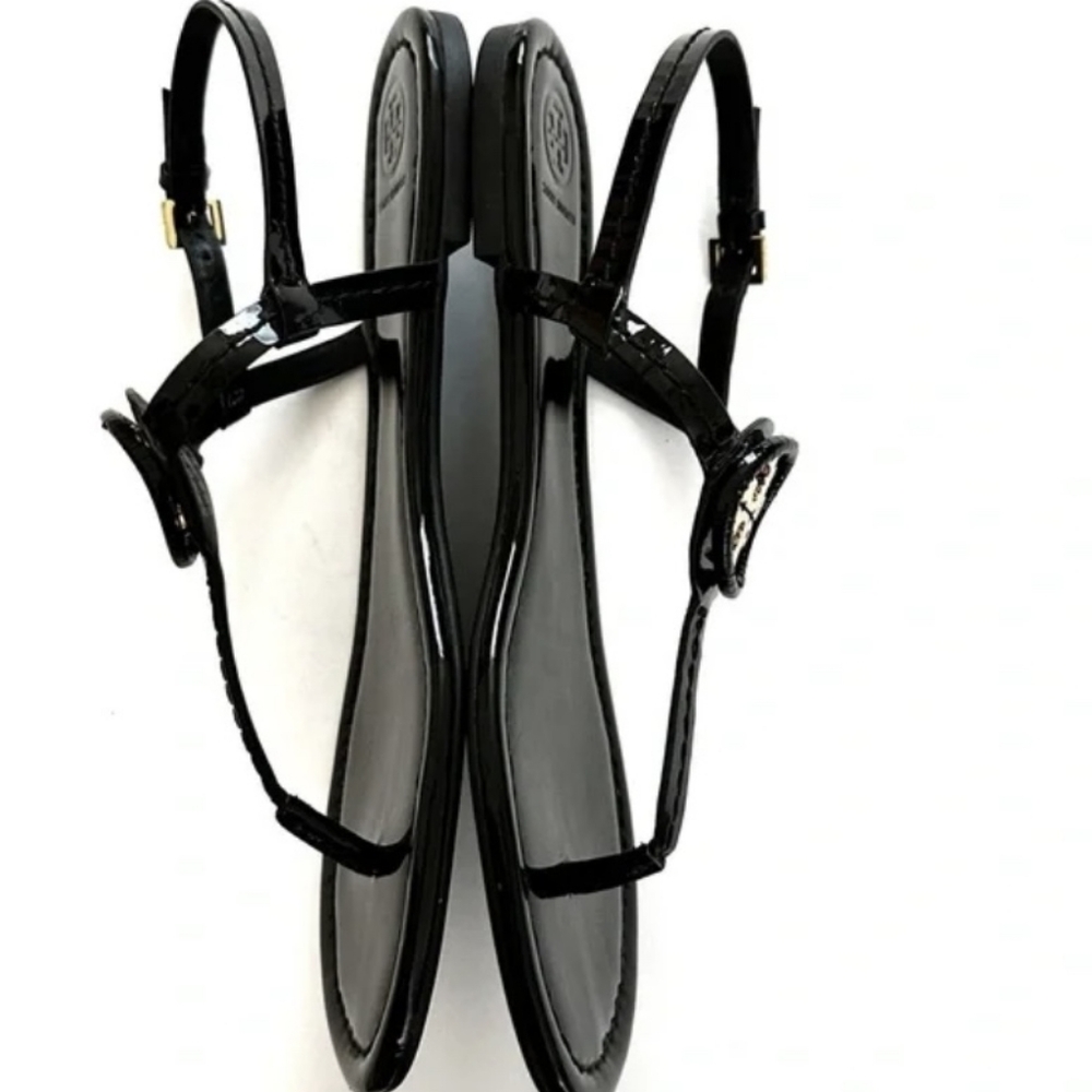 Tory Burch Black Patent Leather T-Strap Sandals with Gold Logo - Picture 6 of 11